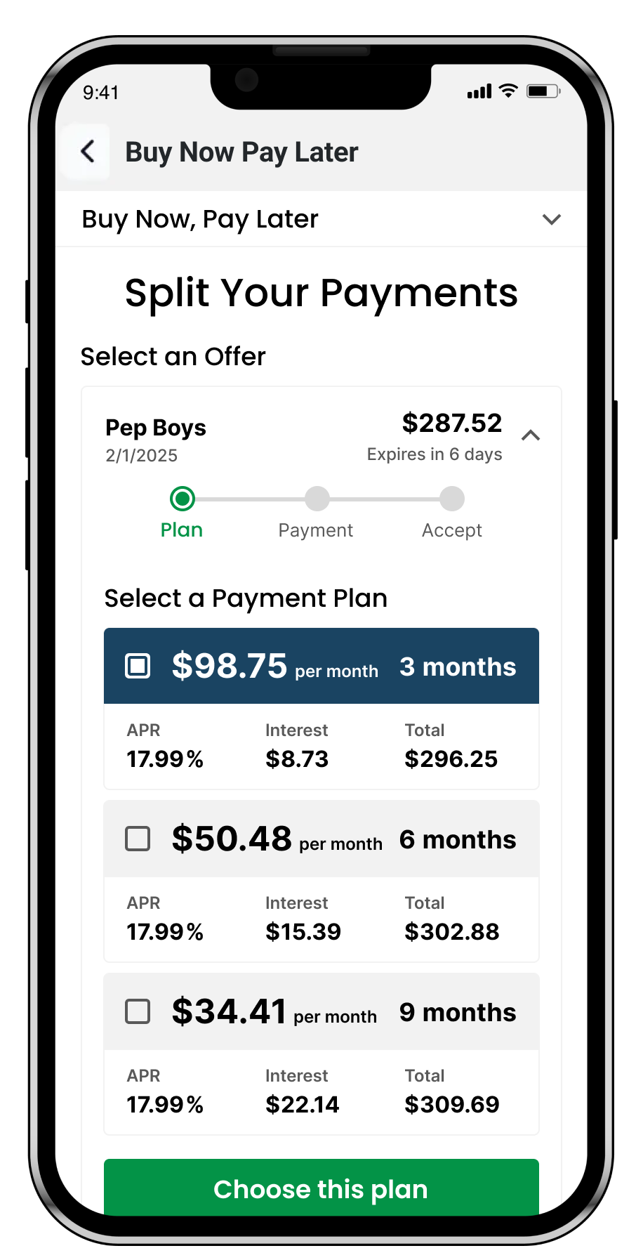 Mock image of Buy Now Pay Later service in mobile app